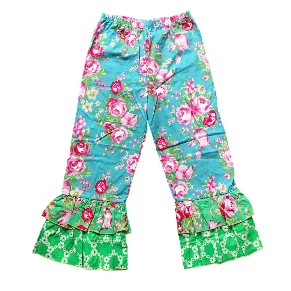Gurlybird Cropped Pants Girls Sz10 Multi Colored‎ Mixed Prints Ruffle Hem Spring